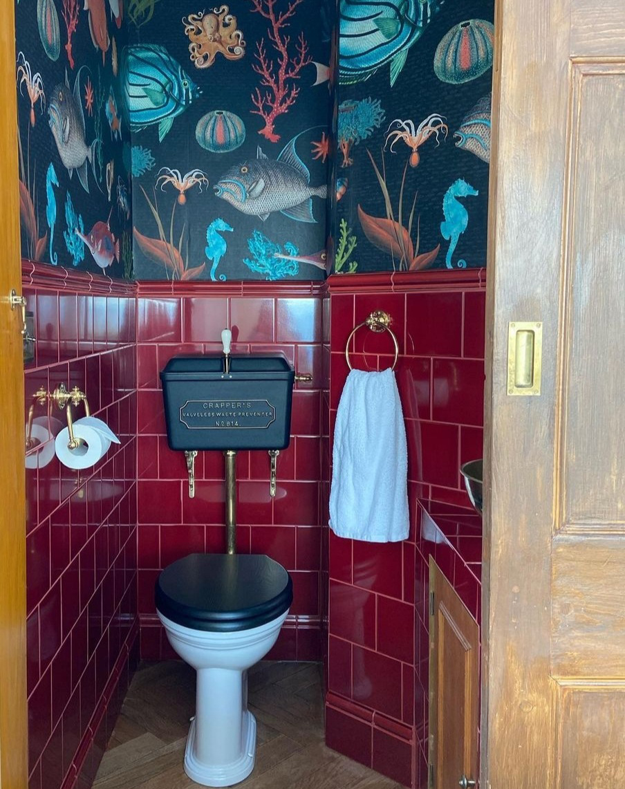 Burgundy Period Embossed Tiles in Bathroom Setting